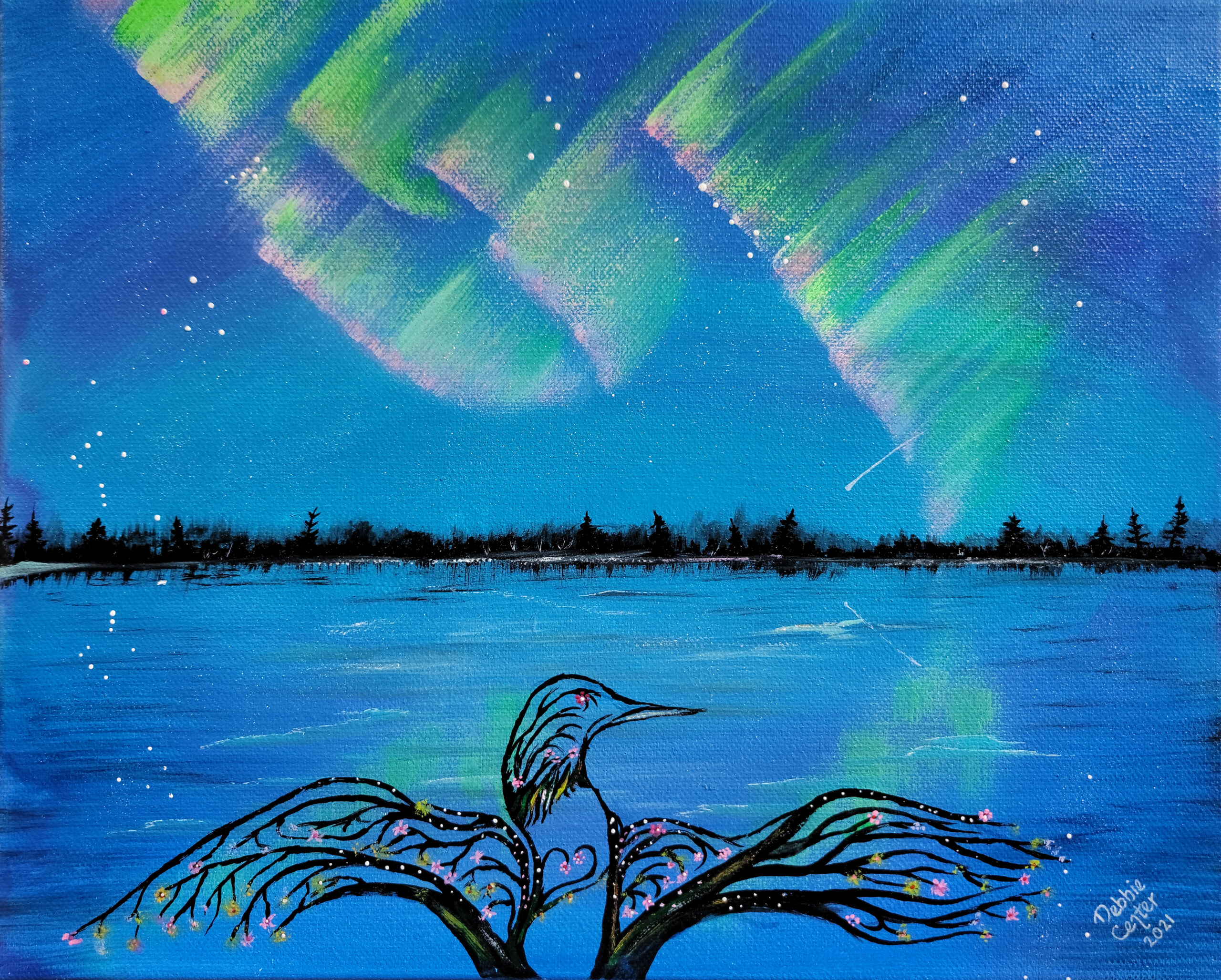 Artwork Note Card -- Loon Branching into the Aurora