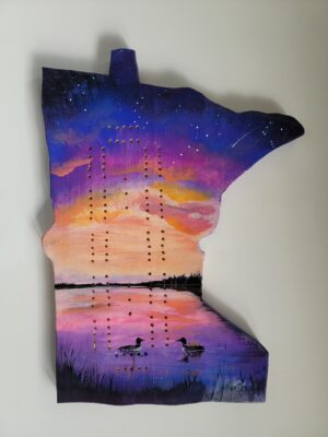 Minnesota Cribbage Board with Sunset and Stars Over Loons, Ready for Delivery $111 ~ SOLD!
