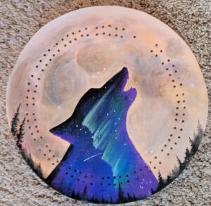 Round Cribbage Board Hand-painted with an Aurora Wolf Against a Moon, Ready for Delivery