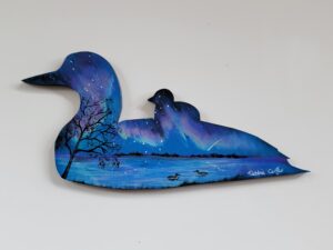 Wooden Loon, Hand-painted with Aurora, Ready for Delivery