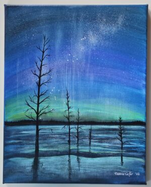 Wintry Aurora Over A Frozen Lake, 11" x 14" Original Painting